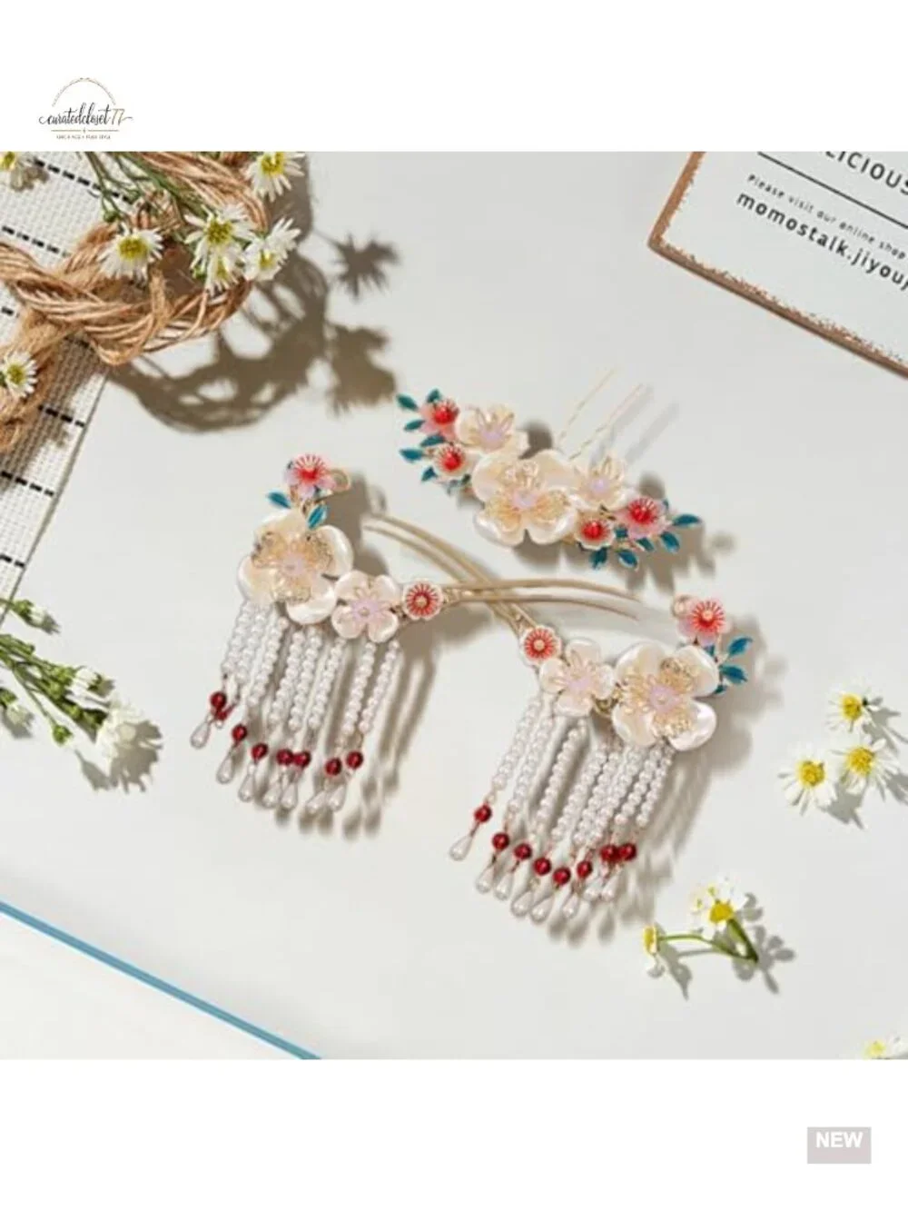 3 Pcs Flower Tassels Hairpin Rhinestone Pearl Clips Hair Accessories for Updo
